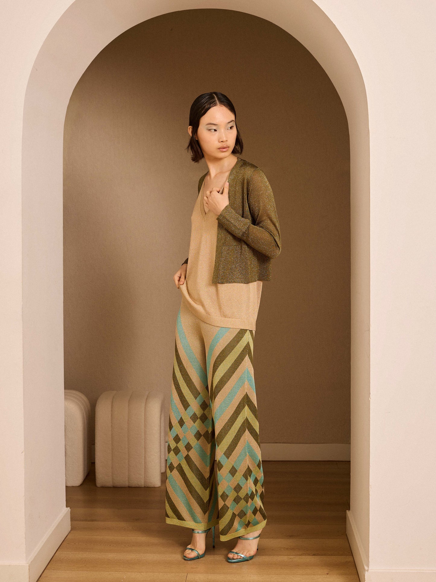 Pantalón de lurex estampado verde