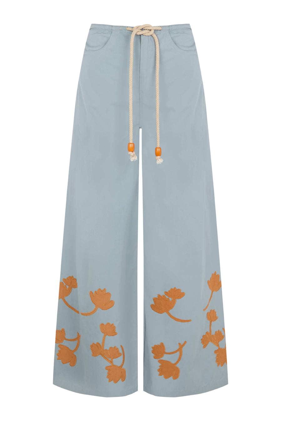 Pantalón azul con flores ocre