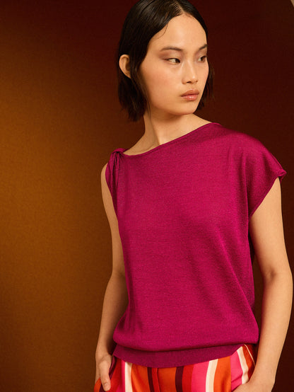 Jersey asimétrico de lurex fucsia