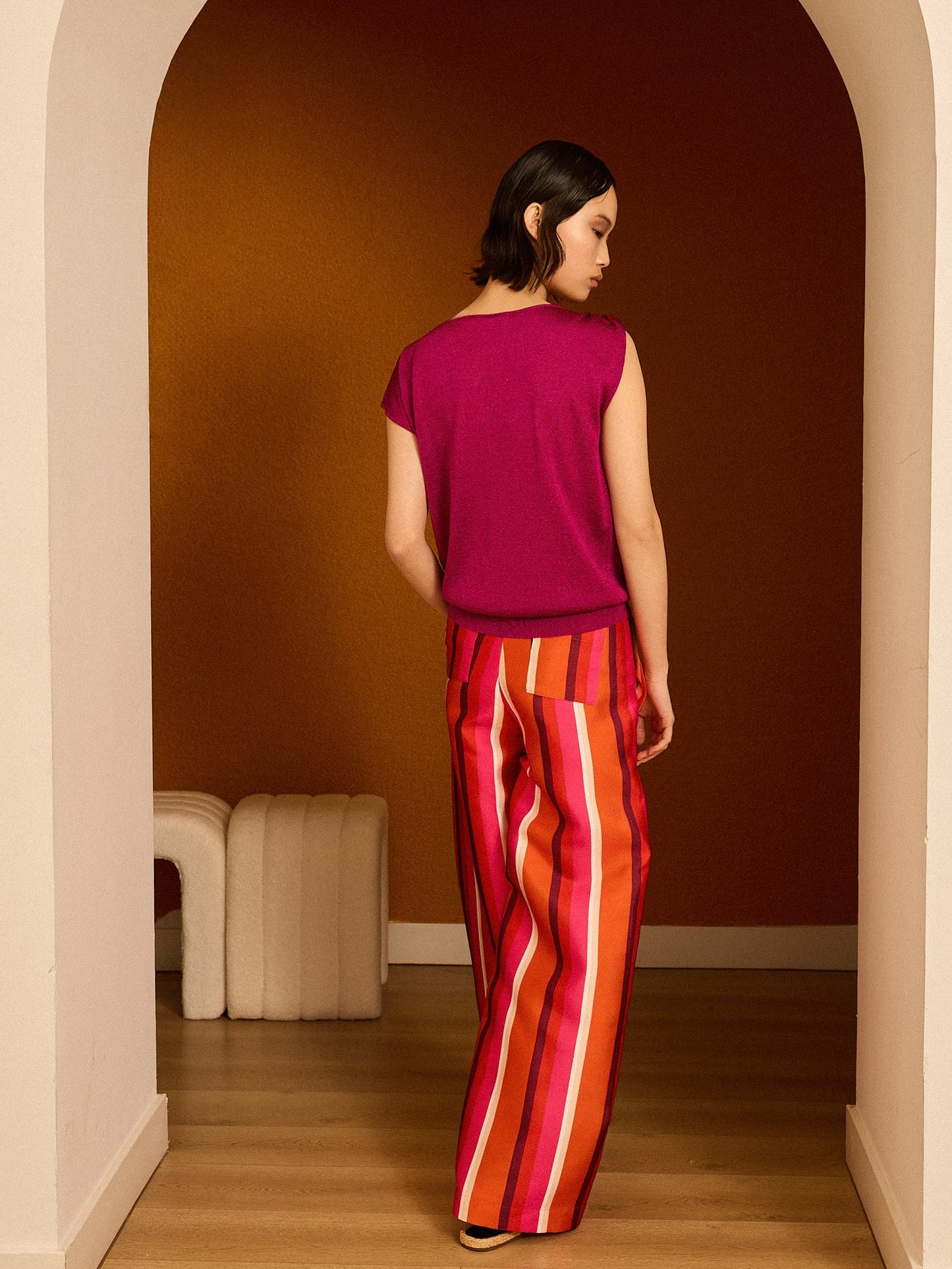 Jersey asimétrico de lurex fucsia