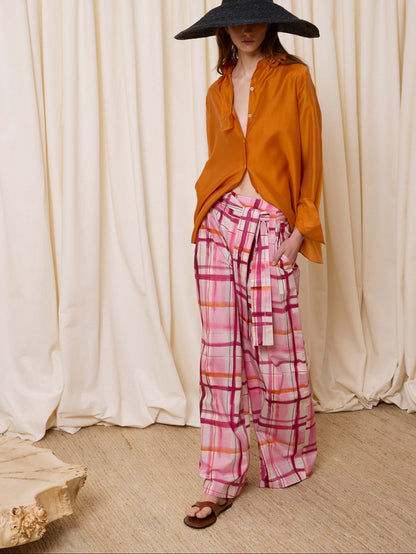 Pantalón popelín cuadros rosa