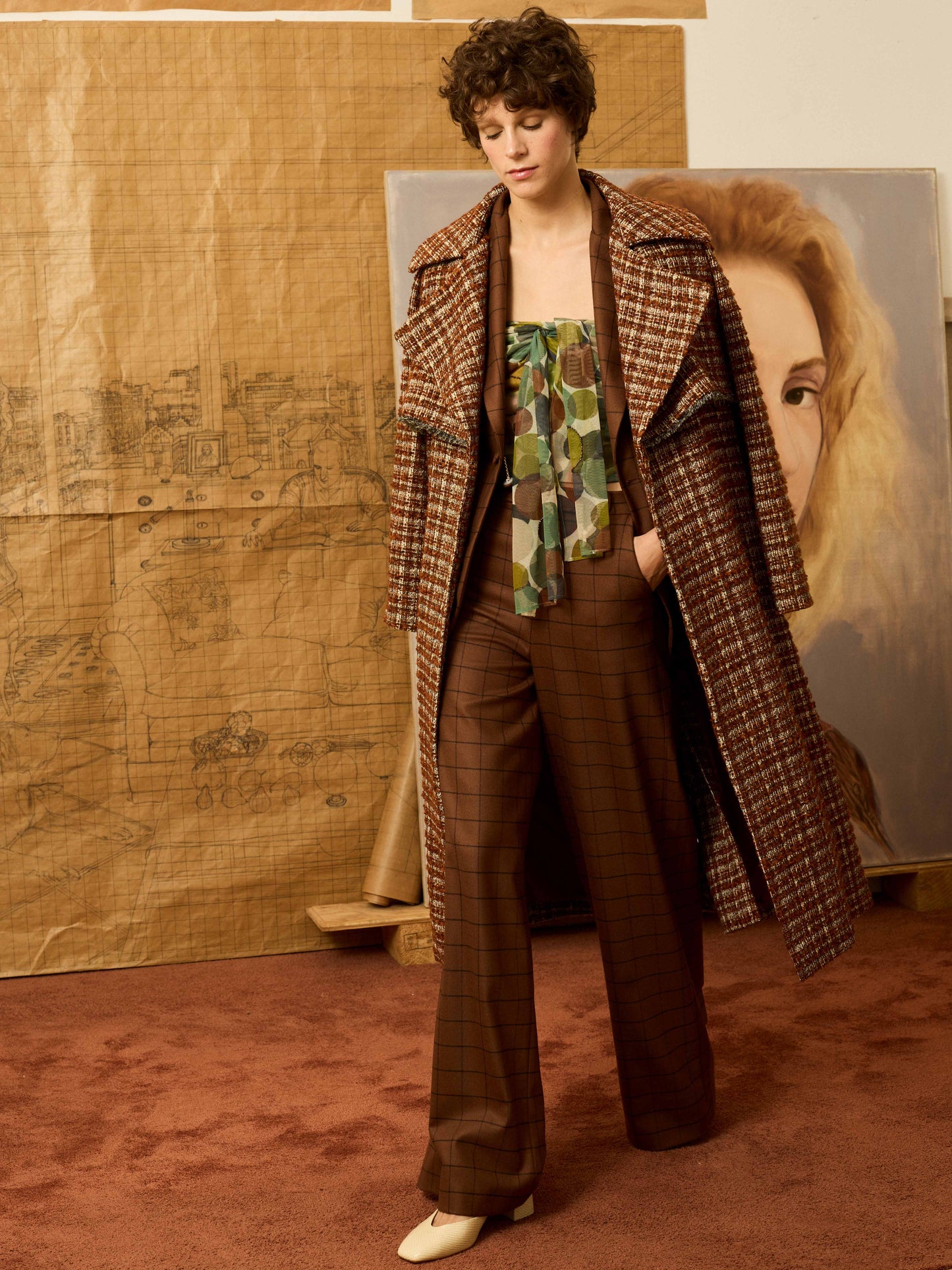 Pantalón palazzo marrón de cuadros