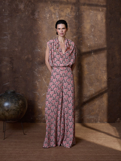 Pantalón palazzo granate estampado y bordado