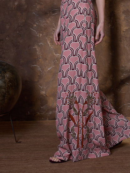 Pantalón palazzo granate estampado y bordado