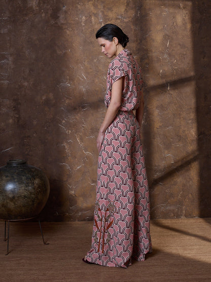Pantalón palazzo granate estampado y bordado