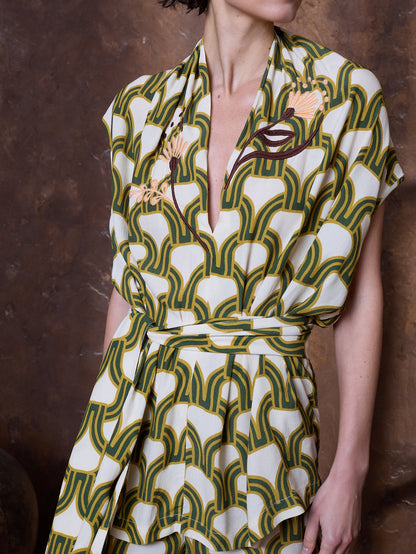 Top verde de viscosa estampada