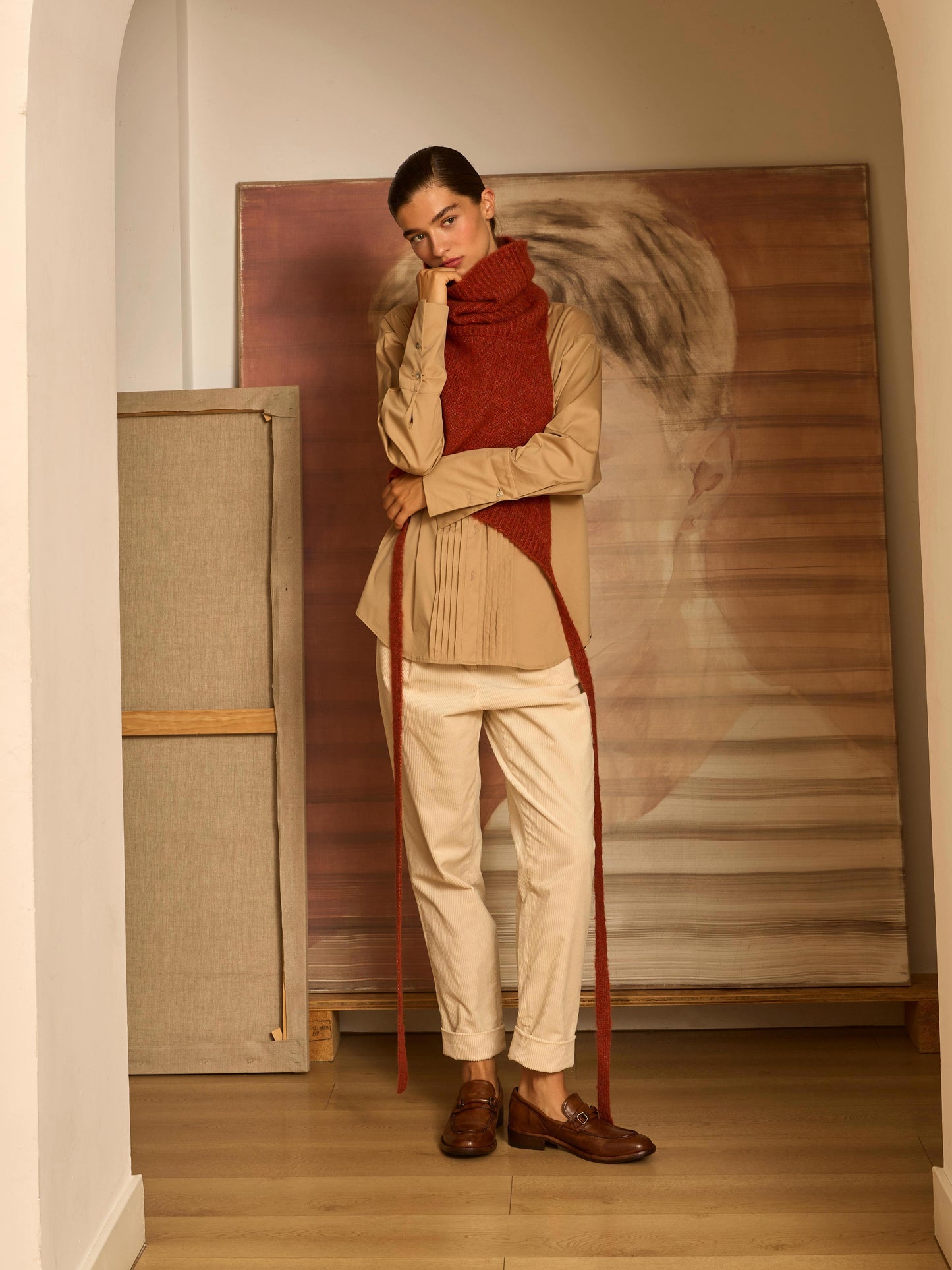 Camisa camel con jaretas