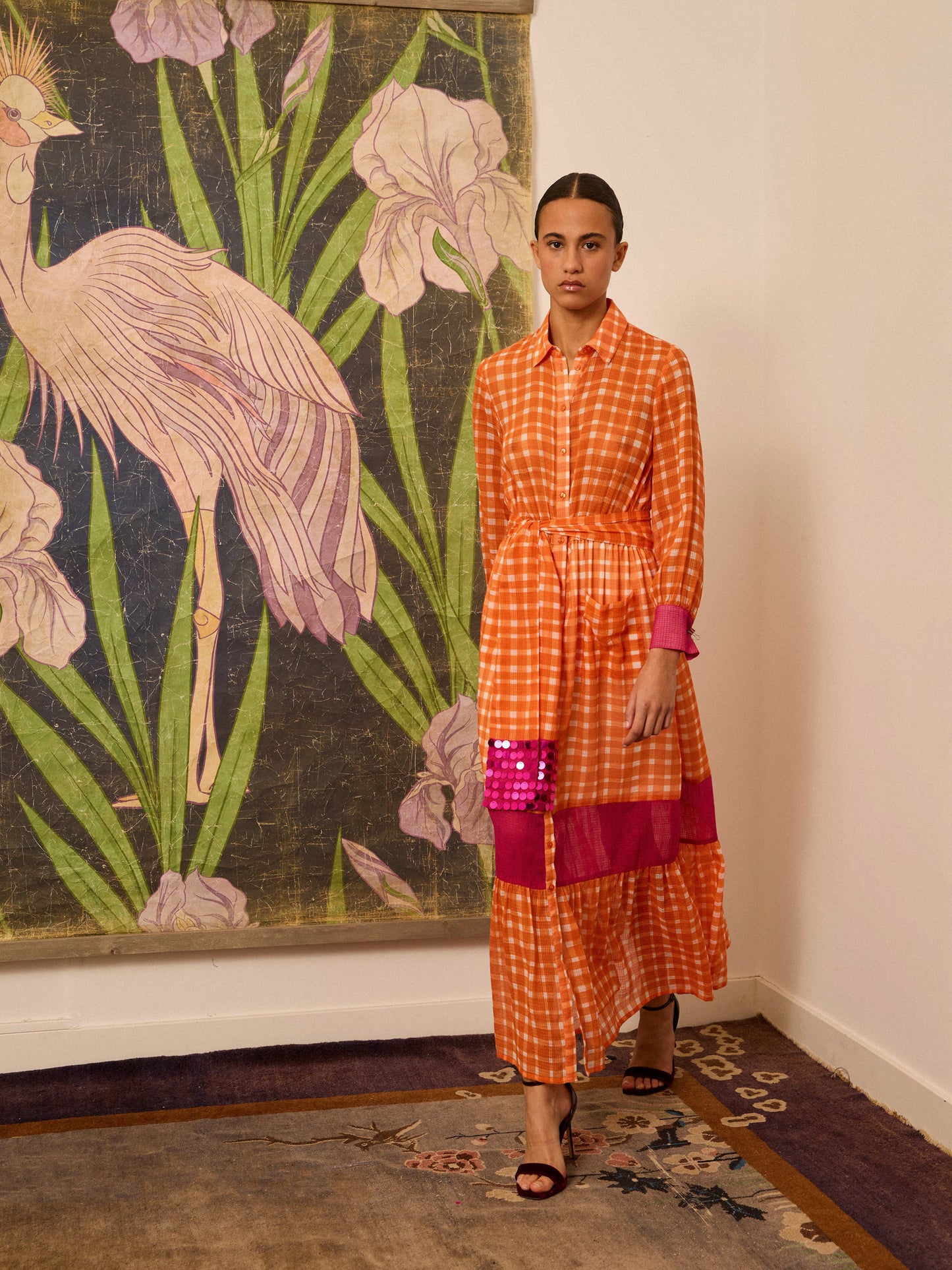 Vestido camisero naranja de cuadros