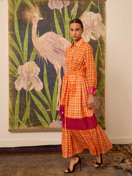 Vestido camisero naranja de cuadros