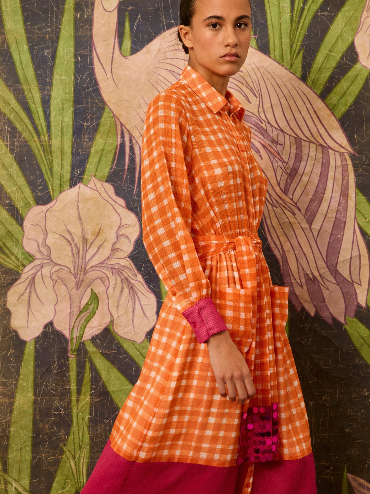 Vestido camisero naranja de cuadros