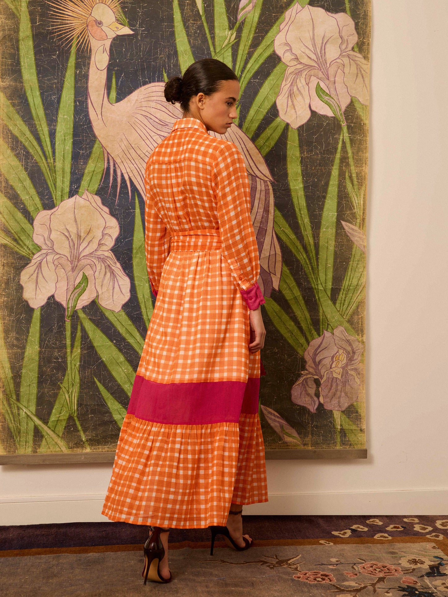 Vestido camisero naranja de cuadros