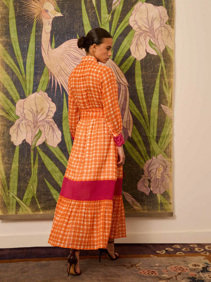 Vestido camisero naranja de cuadros