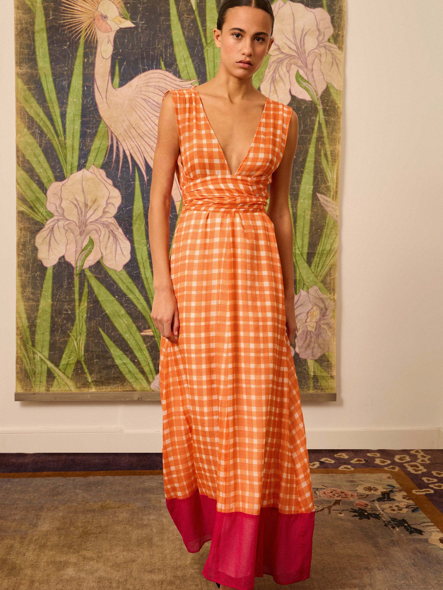 Vestido halter naranja de cuadros