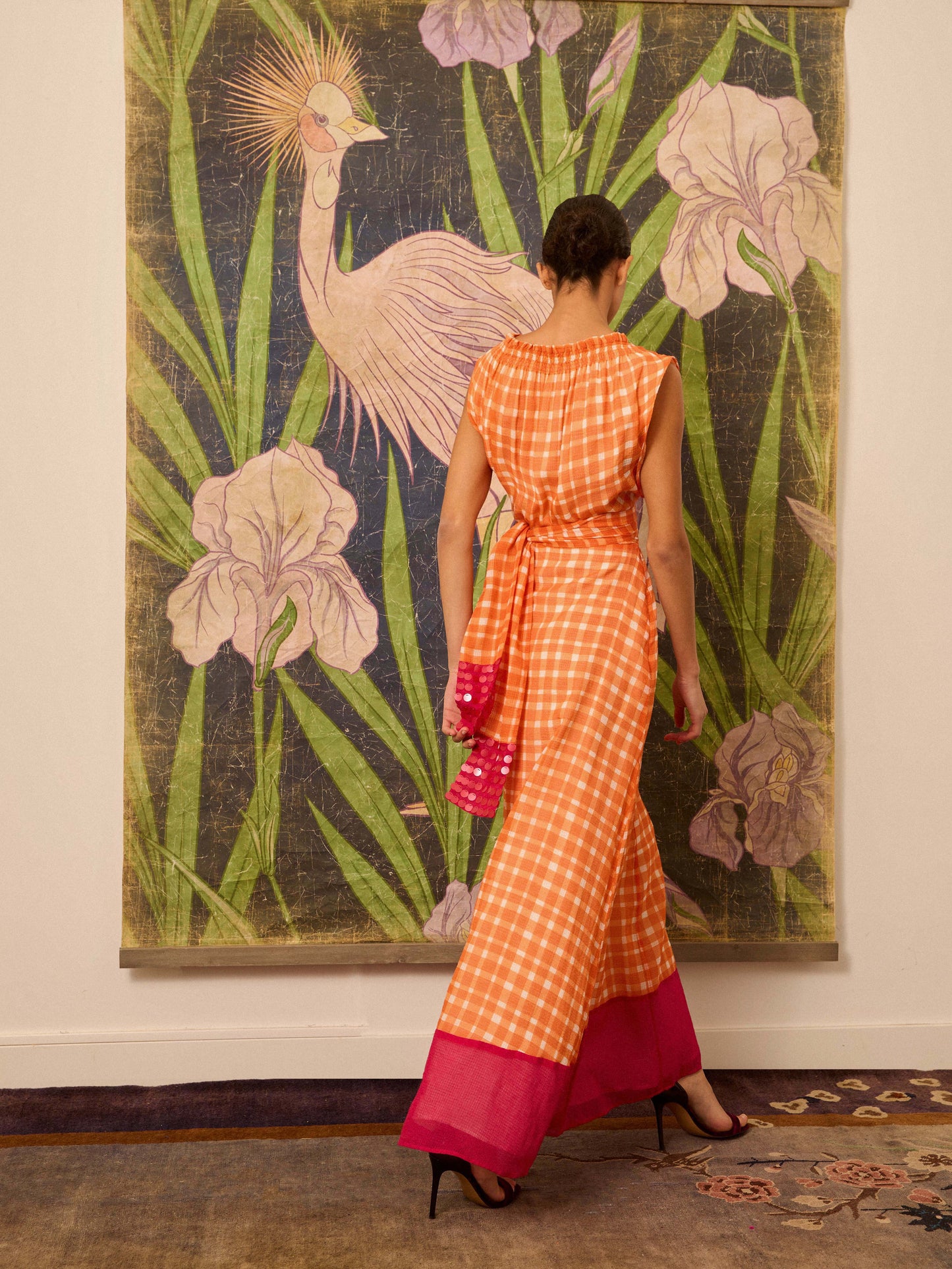 Vestido halter naranja de cuadros