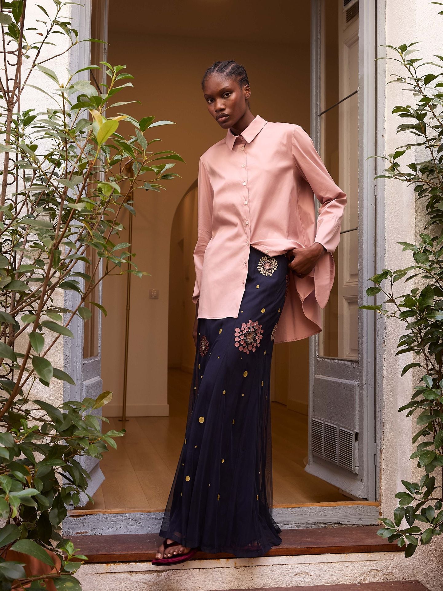 Falda larga de tul azul