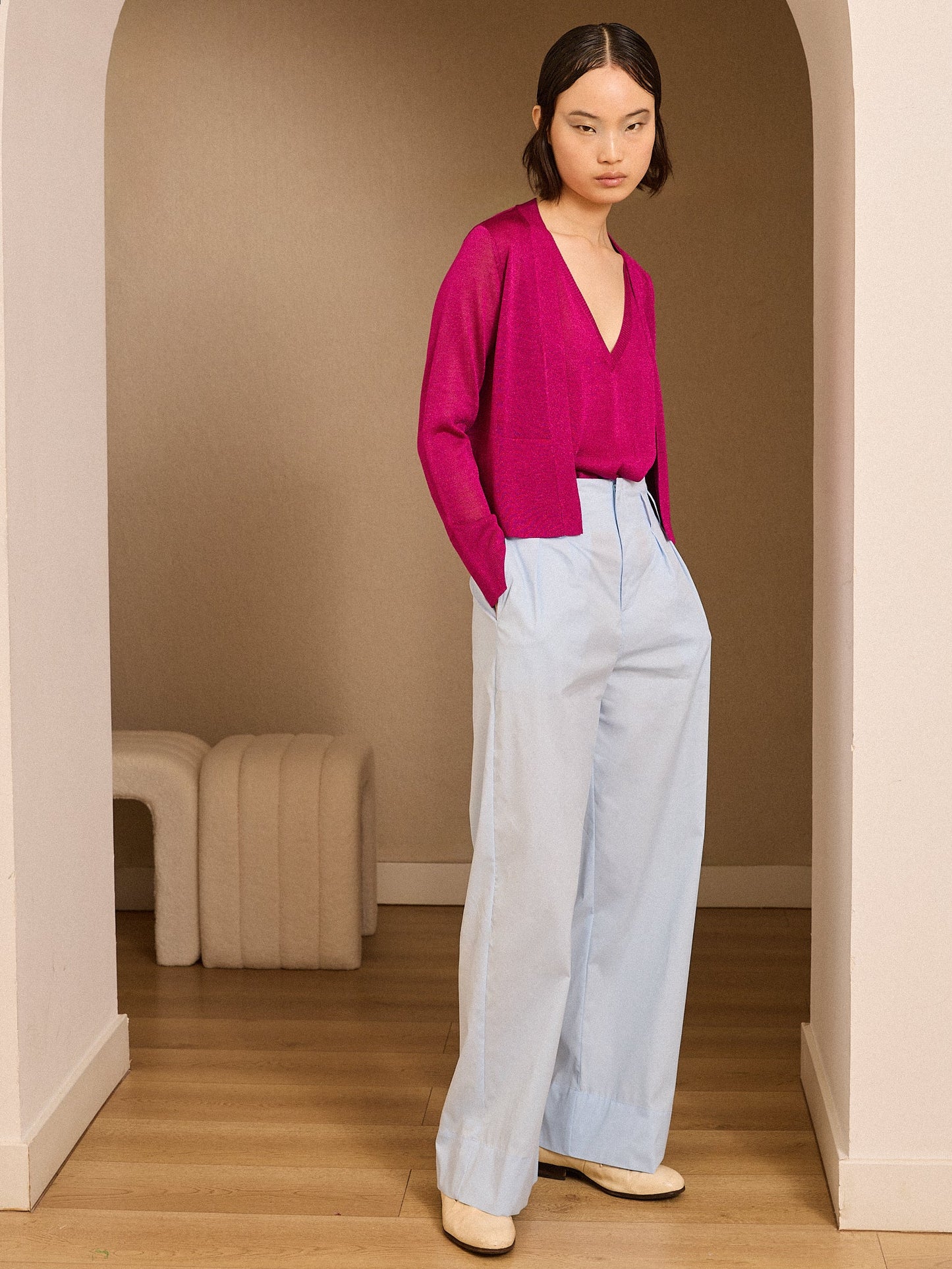 Chaqueta fucsia de lurex corta