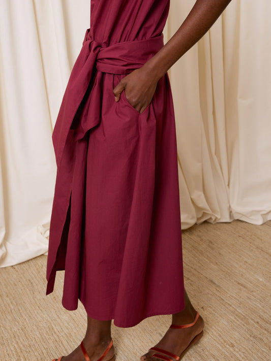 Vestido manga corta popelín ciruela