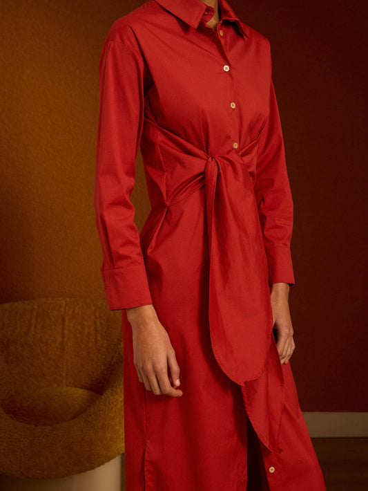 Vestido de poeplín camisero teja