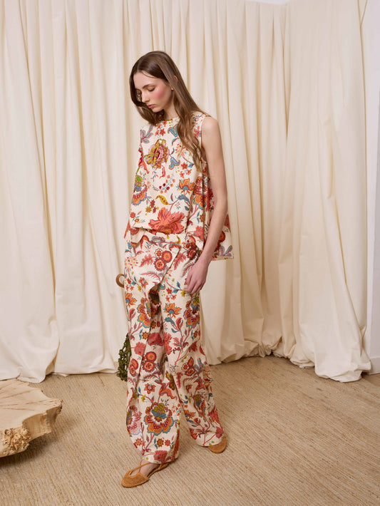 Pantalón pareo flores con lentejuelas