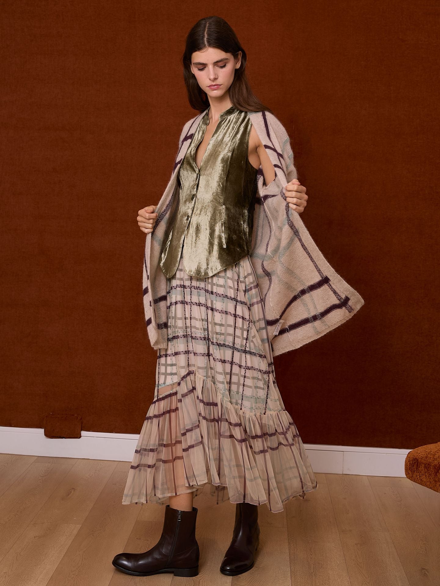 Chaqueta de cuadros color crudo