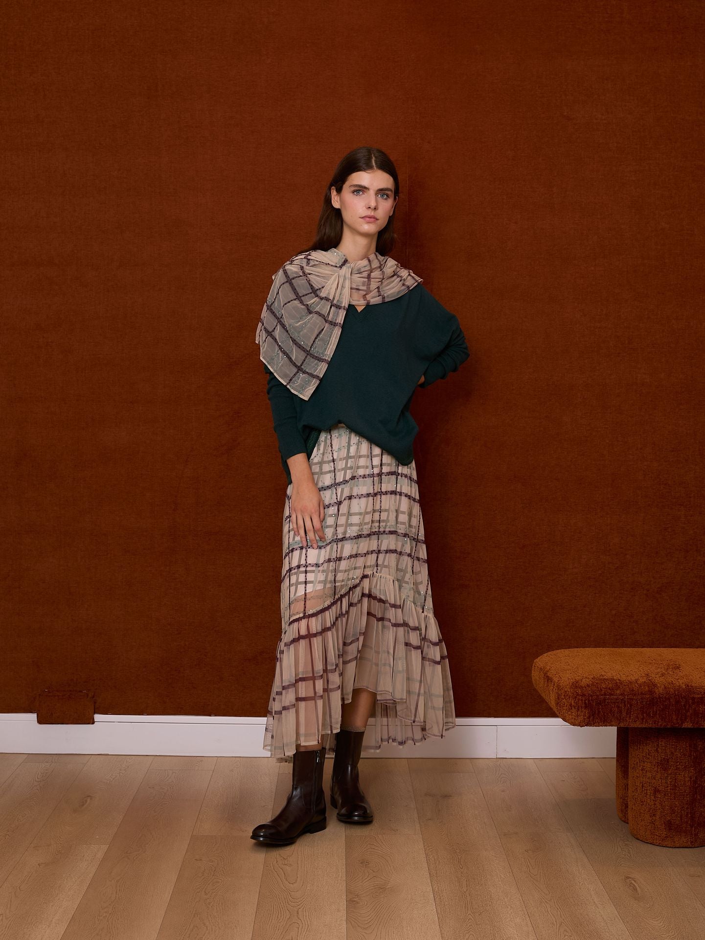 Chal tul de cuadros verde