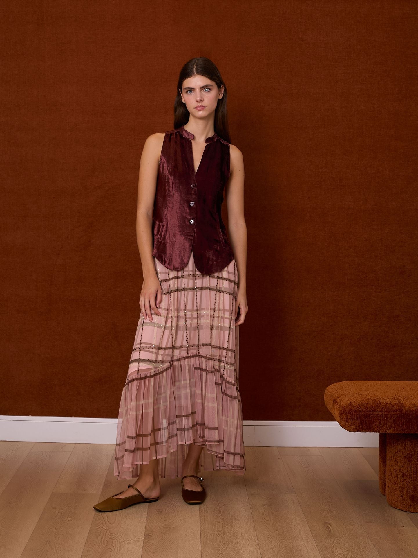 Falda tul cuadros rosa