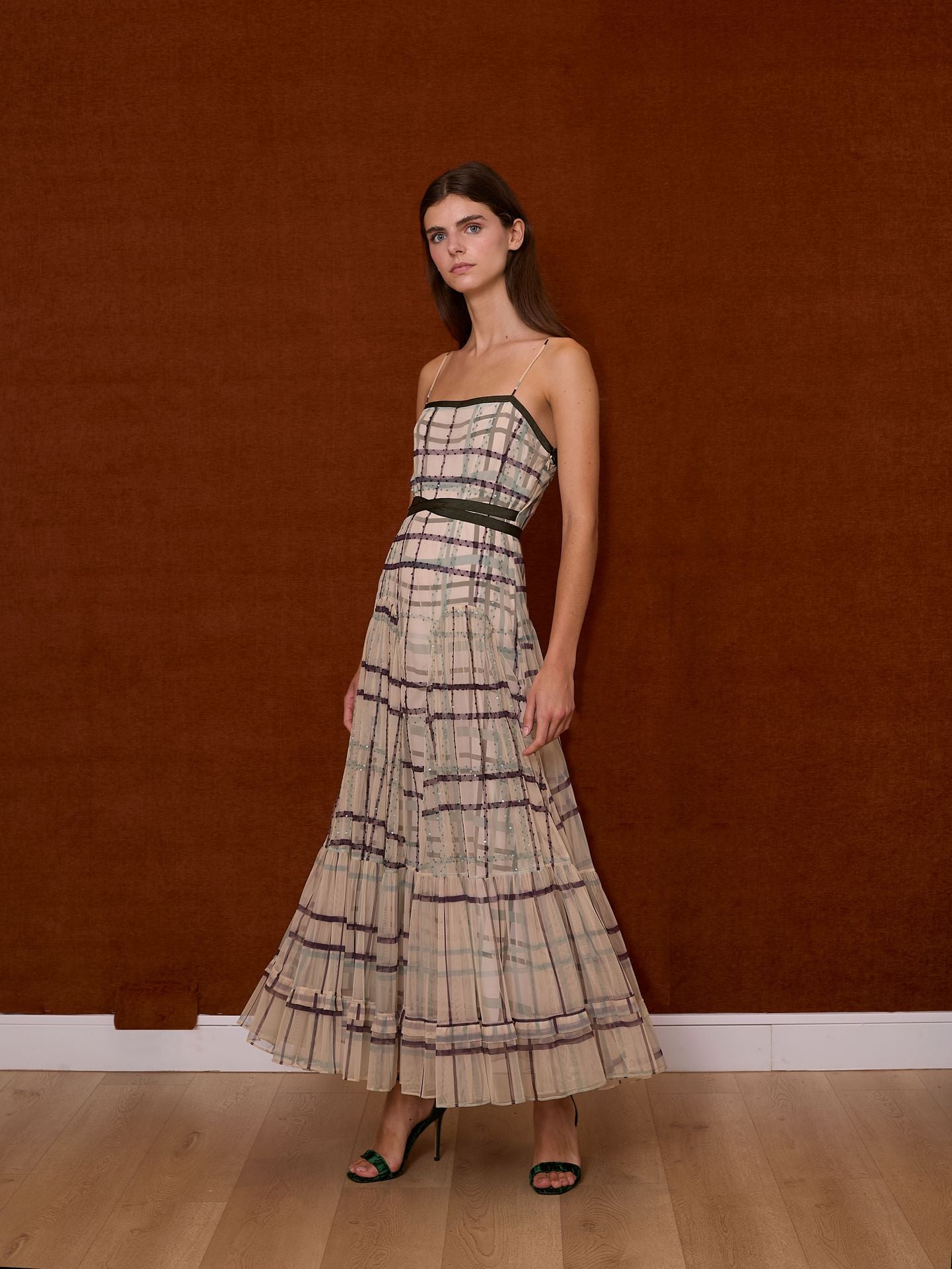 Vestido tirantes tul cuadros verde