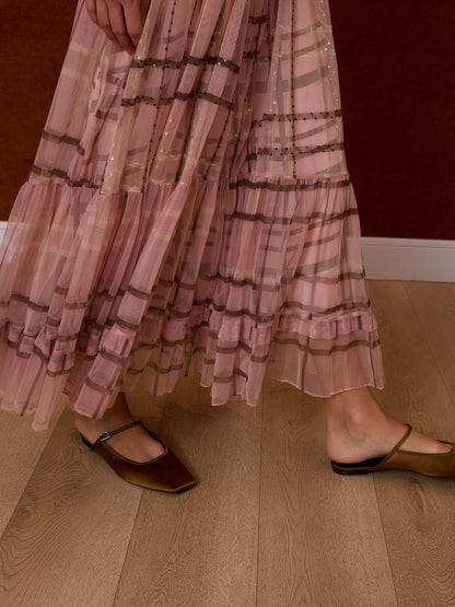 Vestido tirantes tul cuadros rosa