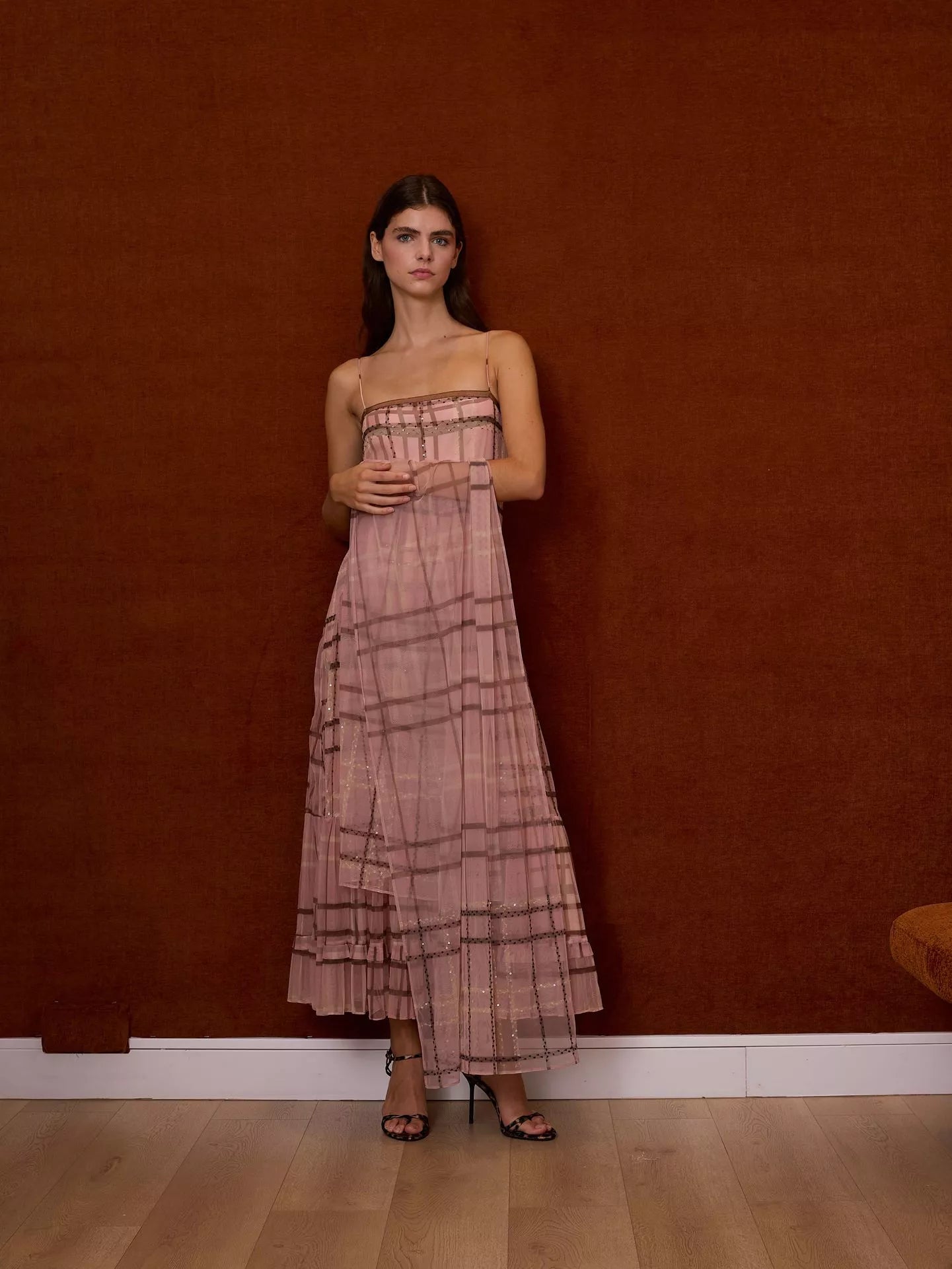 Chal de tul de cuadros rosa