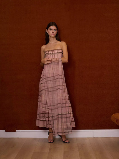 Chal de tul de cuadros rosa