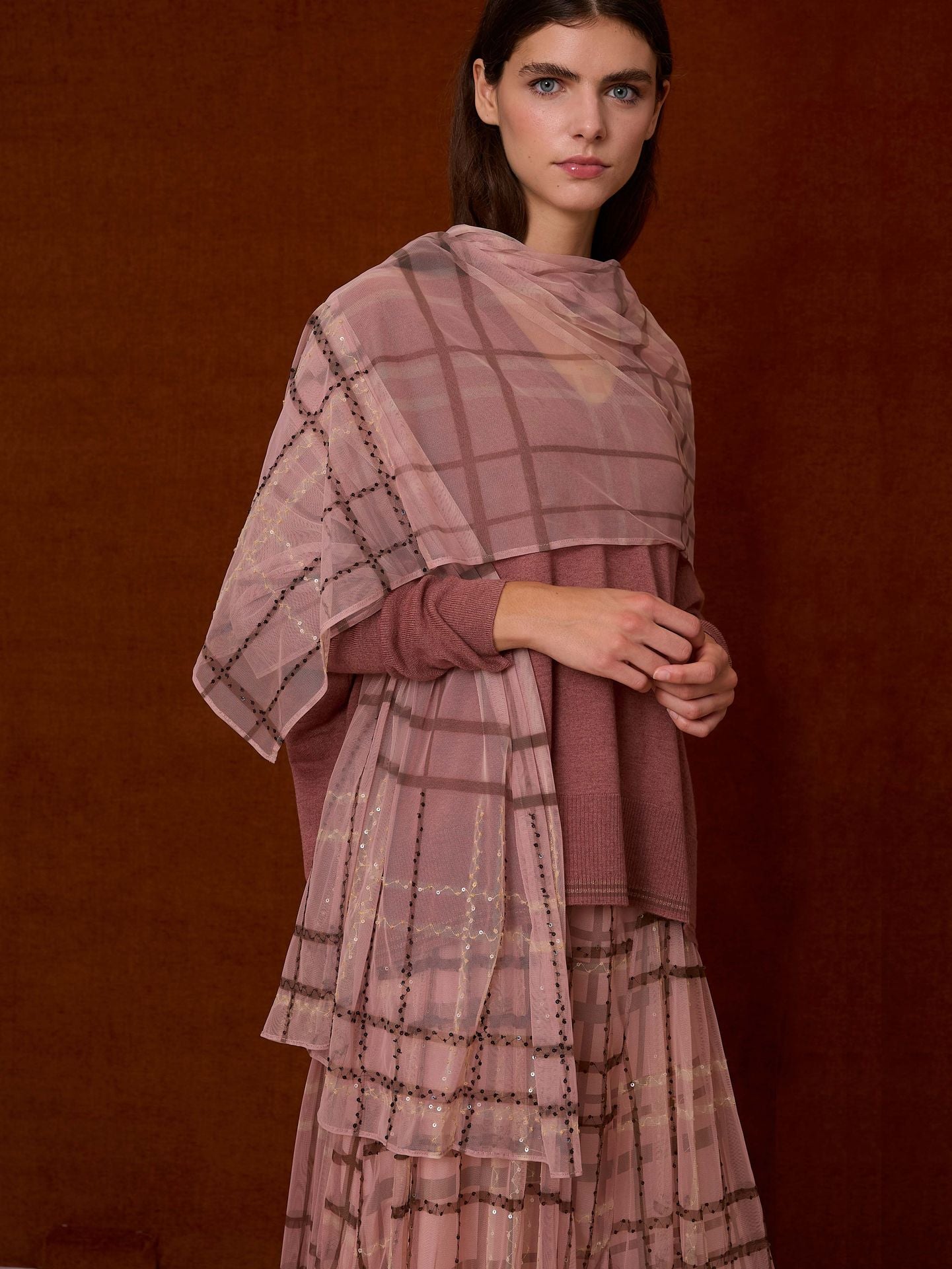 Chal de tul de cuadros rosa