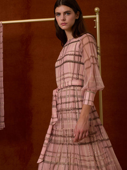 Vestidos cuadros tul rosa manga larga