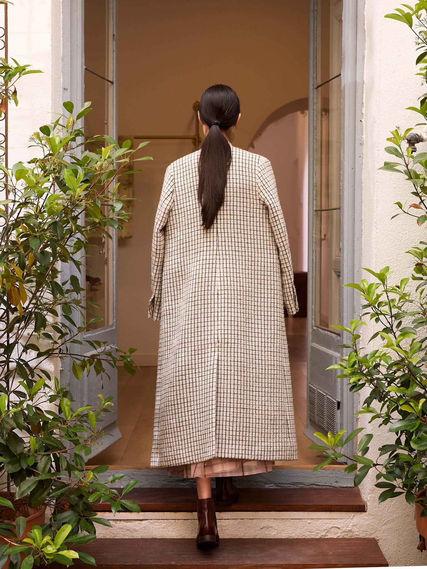 Abrigo cuadros marfil