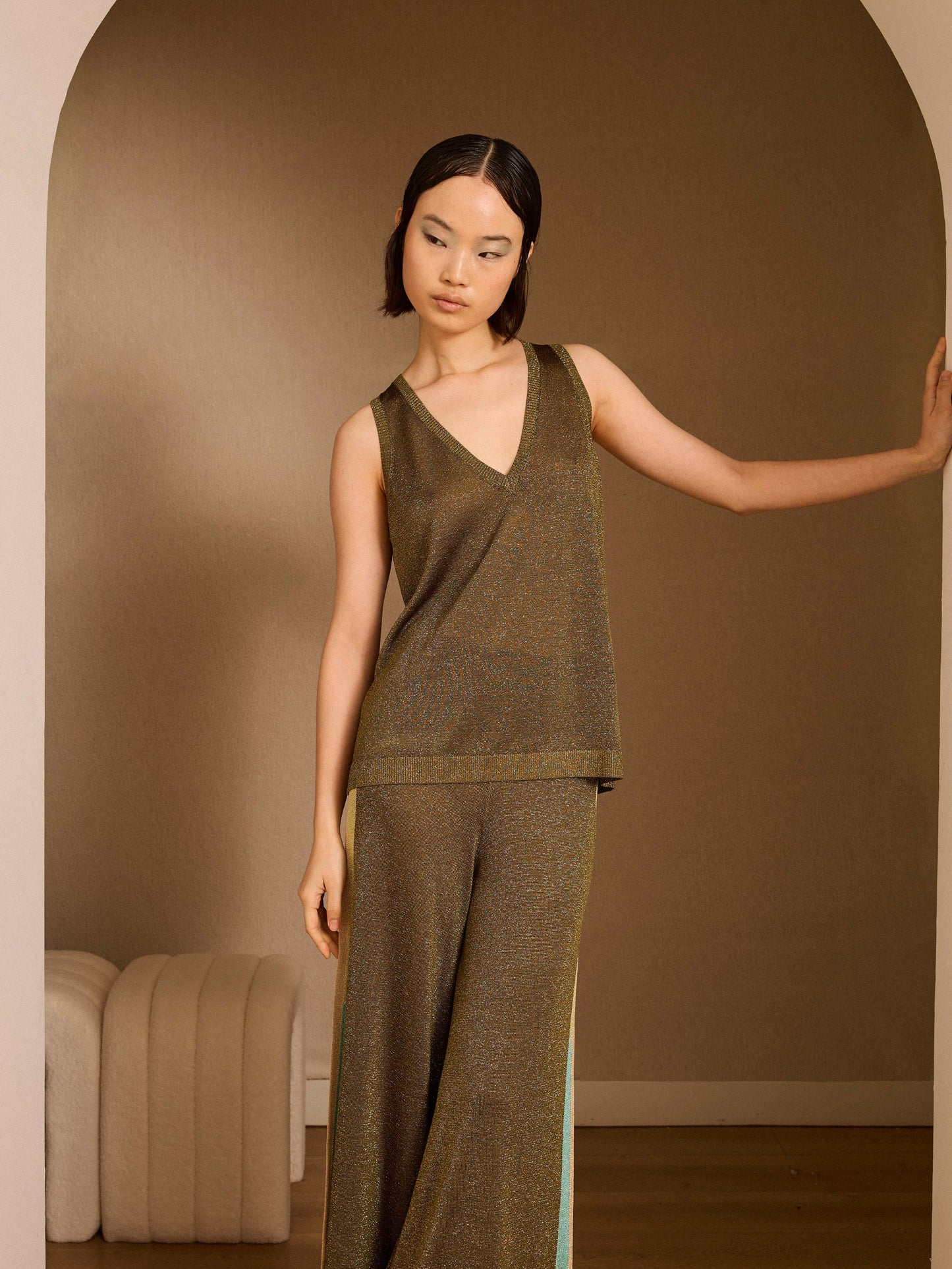 Jersey pico de lurex kaki