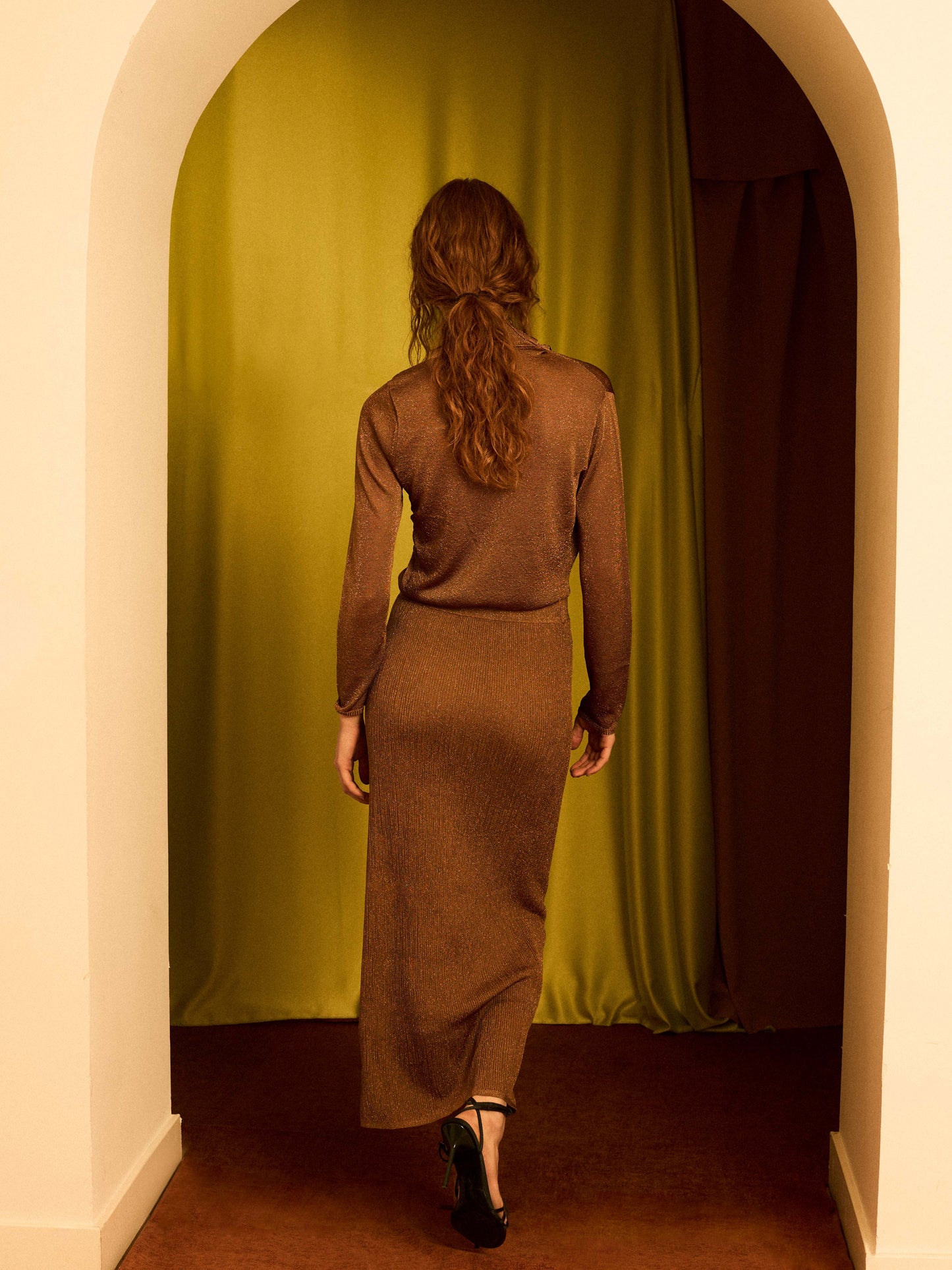 Falda de lurex con canalé cobre