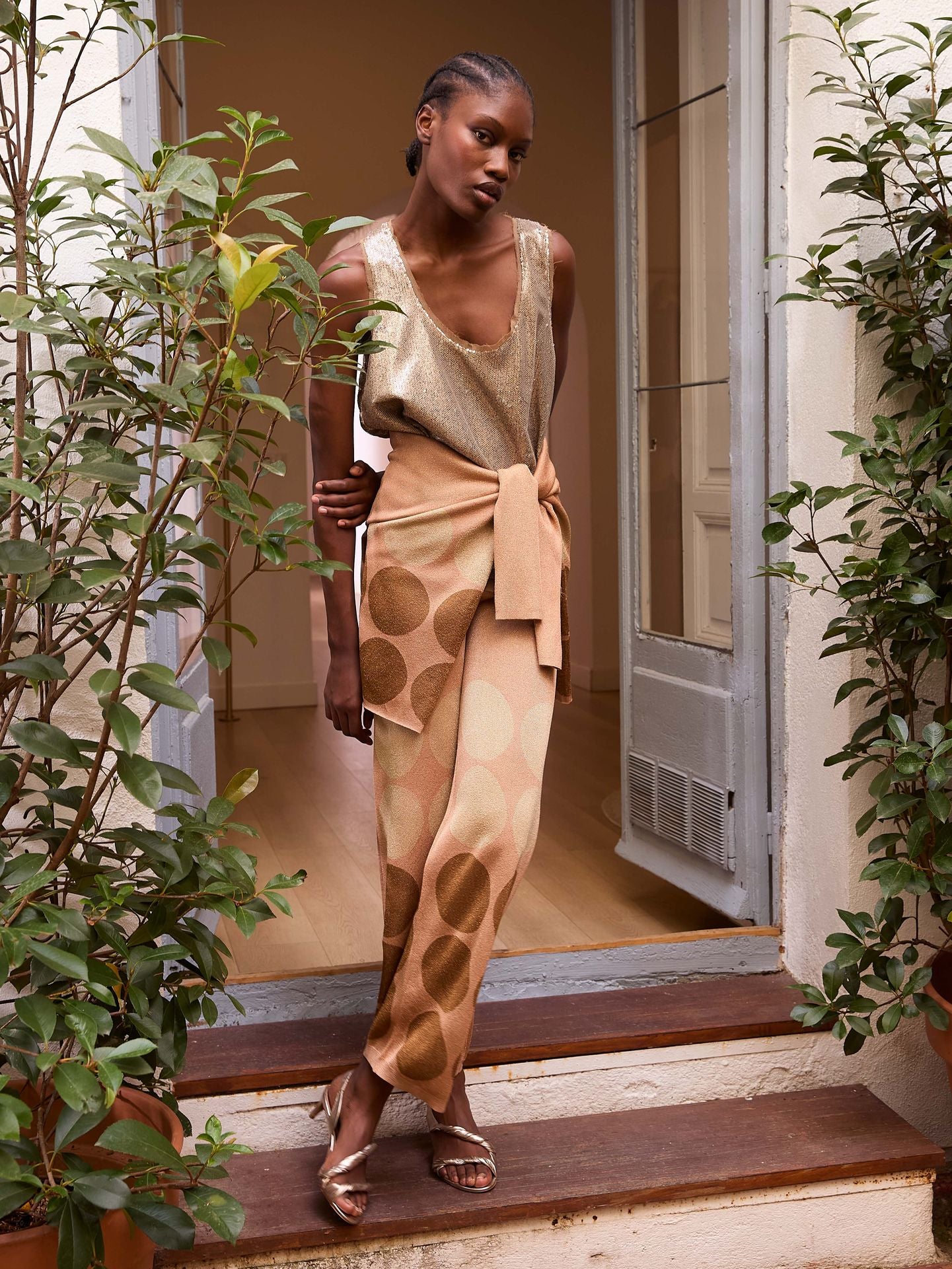 Pantalón de lurex rosa con lunares