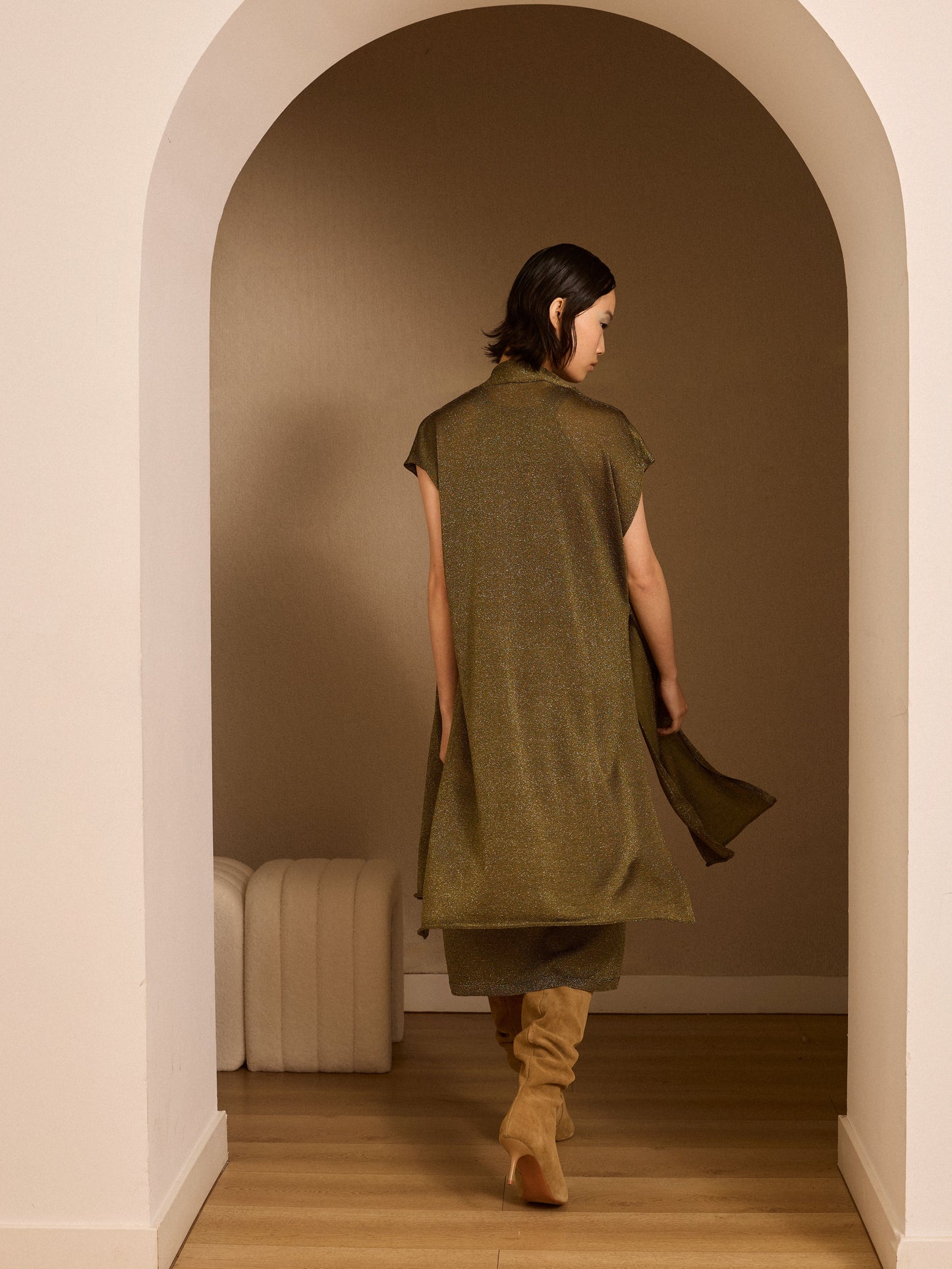 Chaqueta larga de lurex kaki