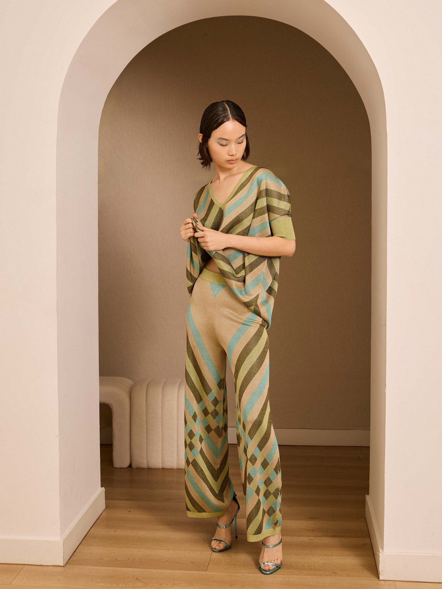 Pantalón de lurex estampado verde