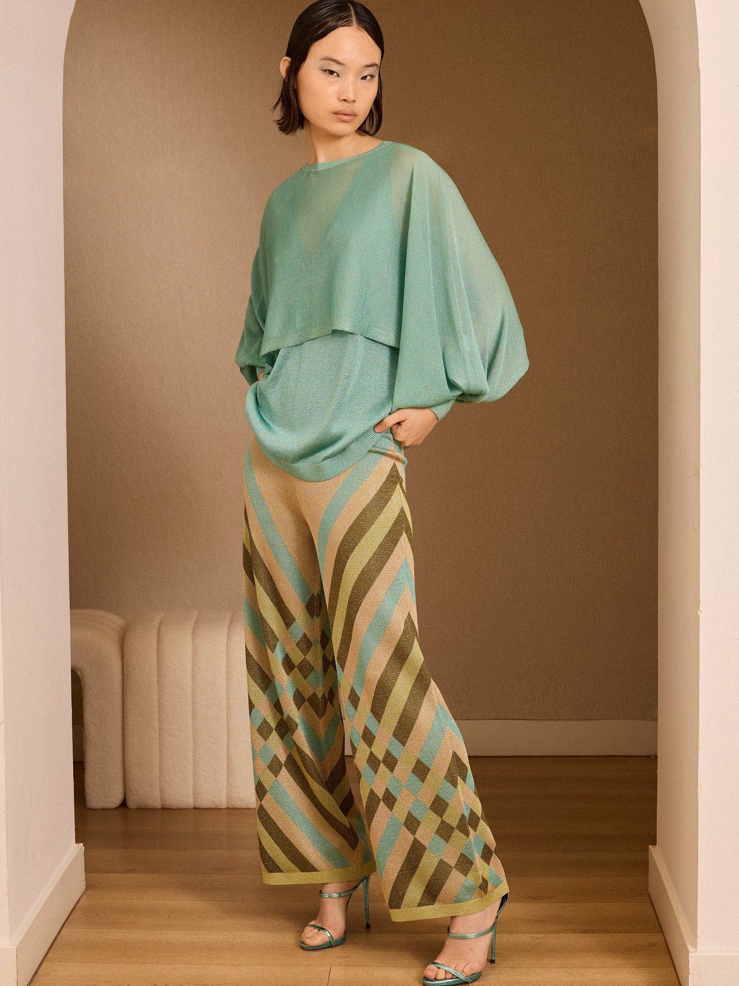 Pantalón de lurex estampado verde