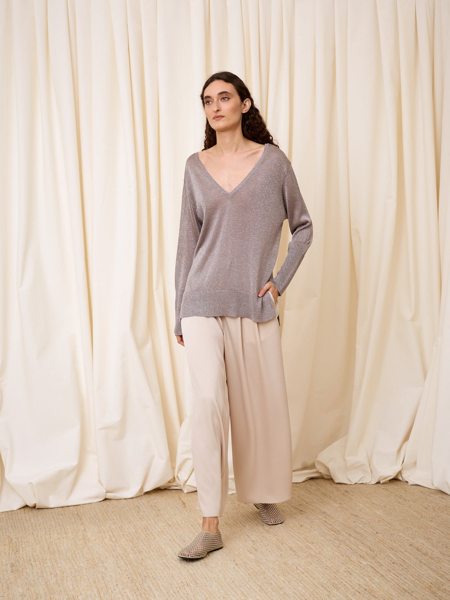 Jersey doble pico lurex plata