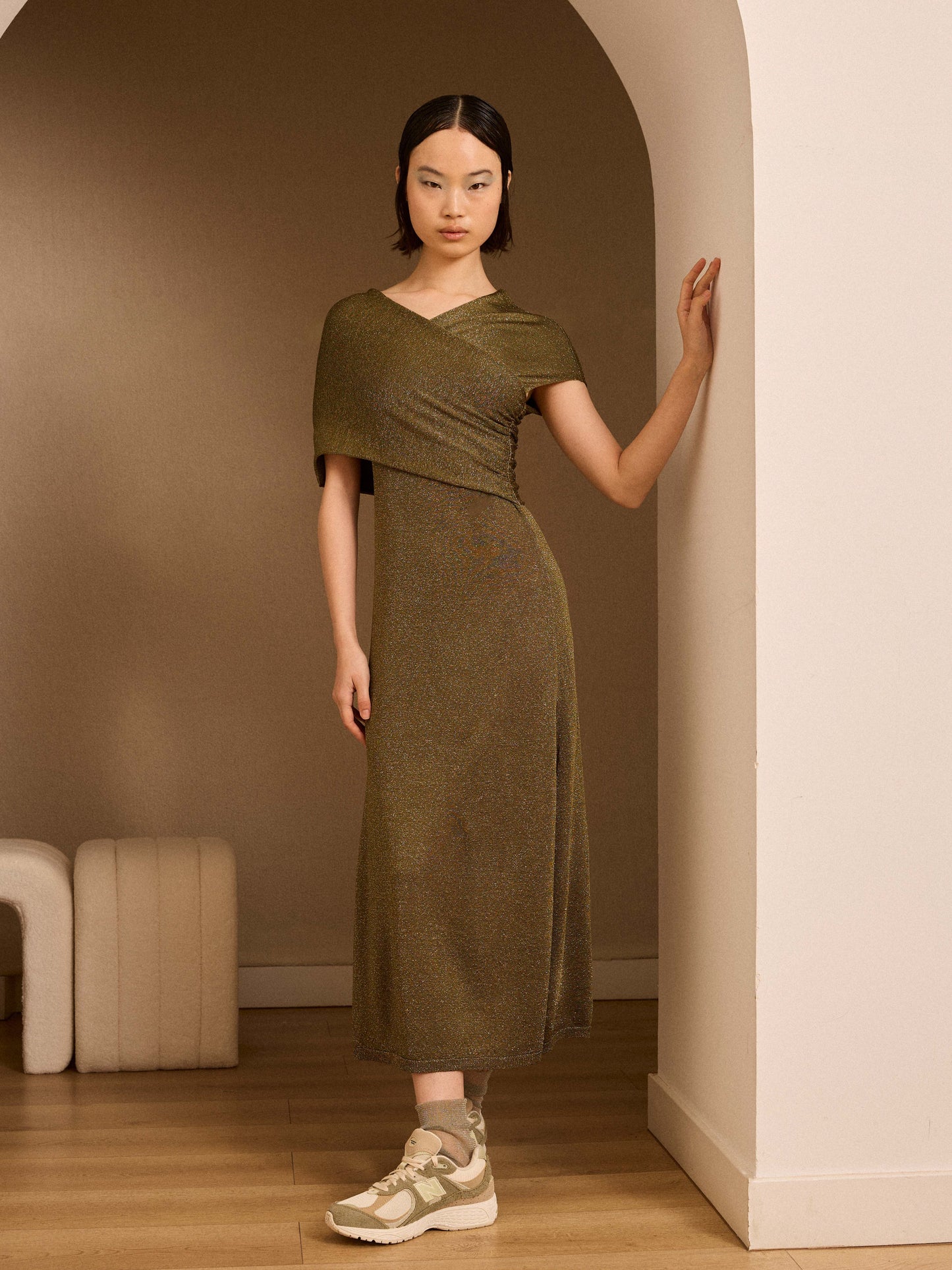 Vestido de lurex kaki