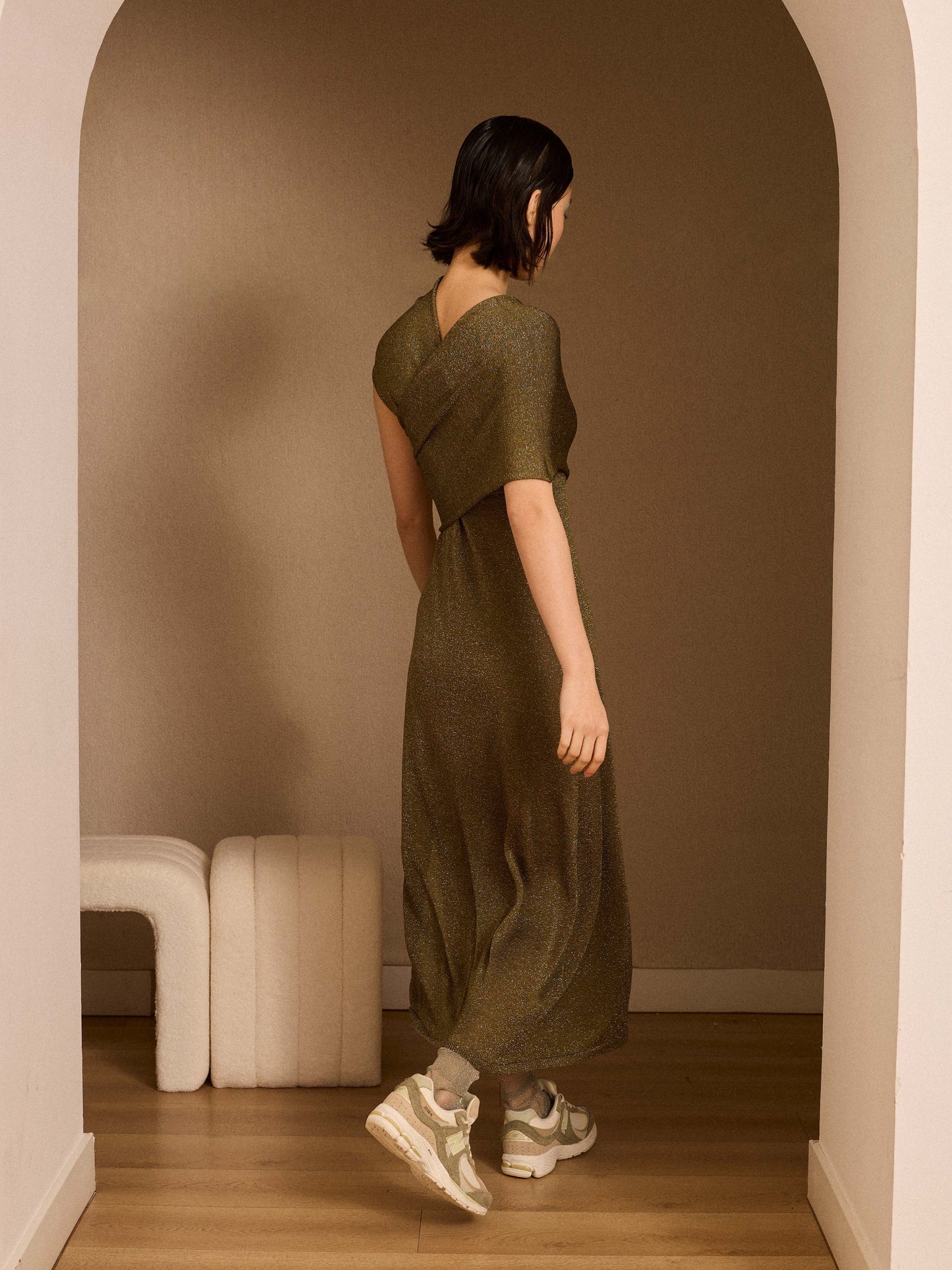 Vestido de lurex kaki