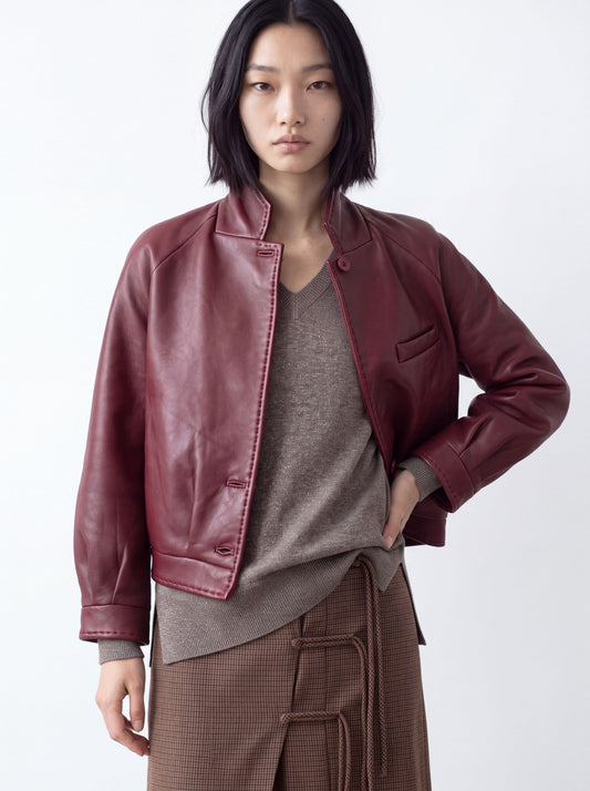 Cazadora bomber de piel vino