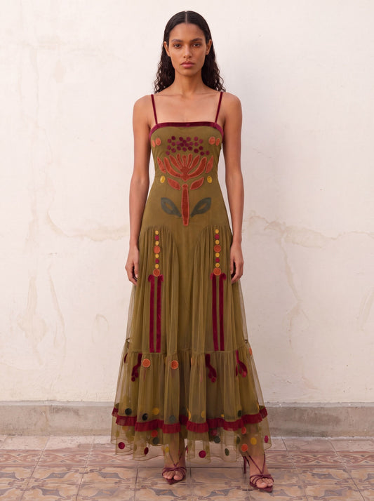Vestido verde de tul bordado