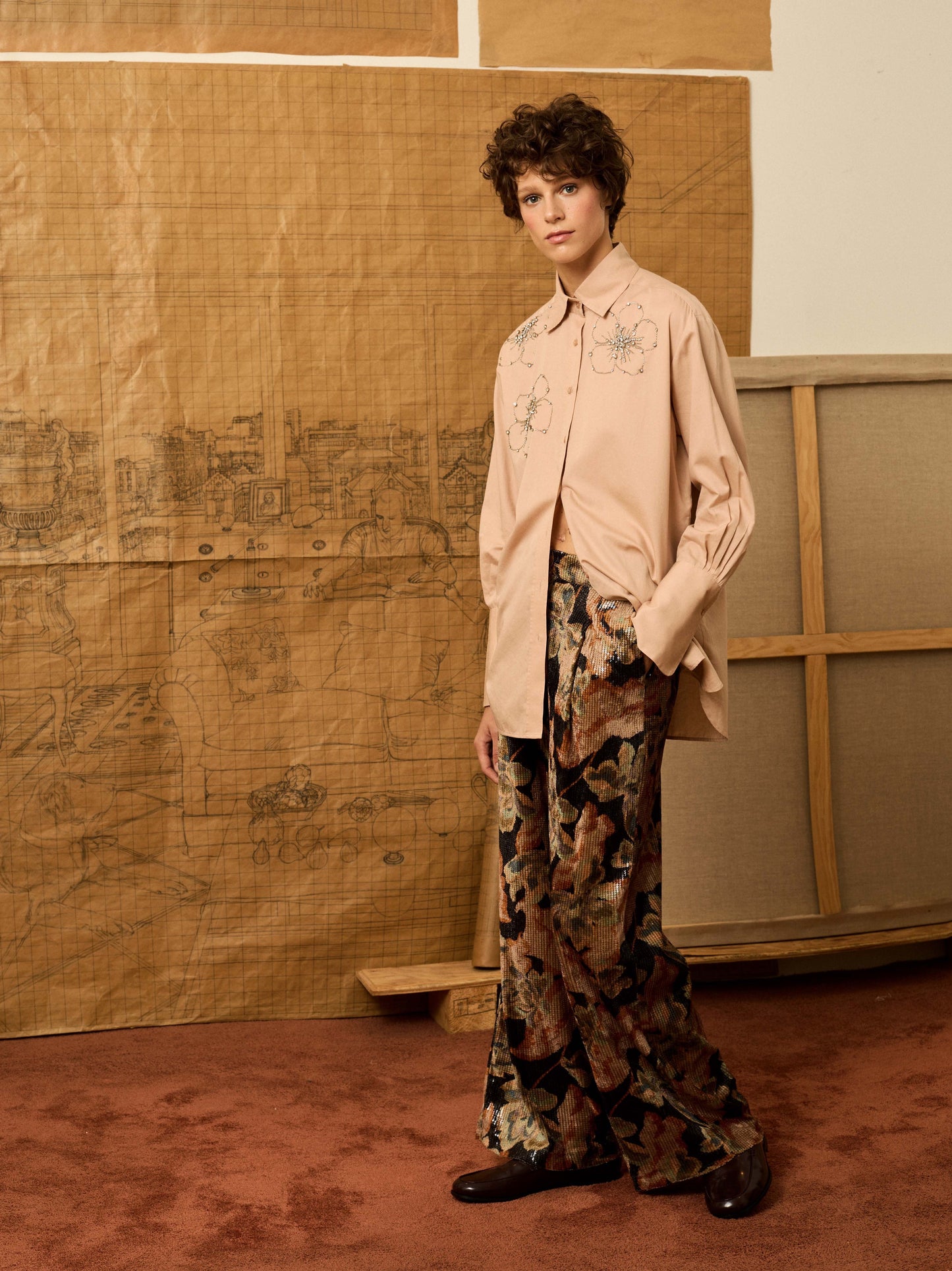 Camisa rosa bordado pedrería