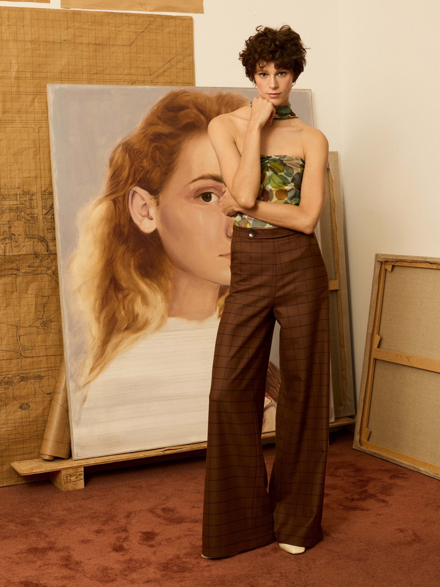 Pantalón palazzo marrón de cuadros