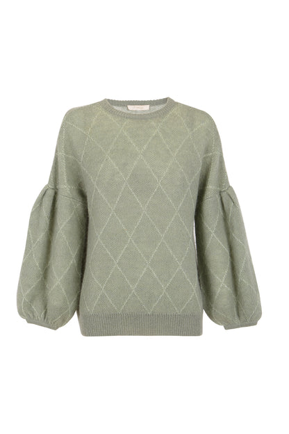 Jersey verde agua con rombos de lurex y mangas farol