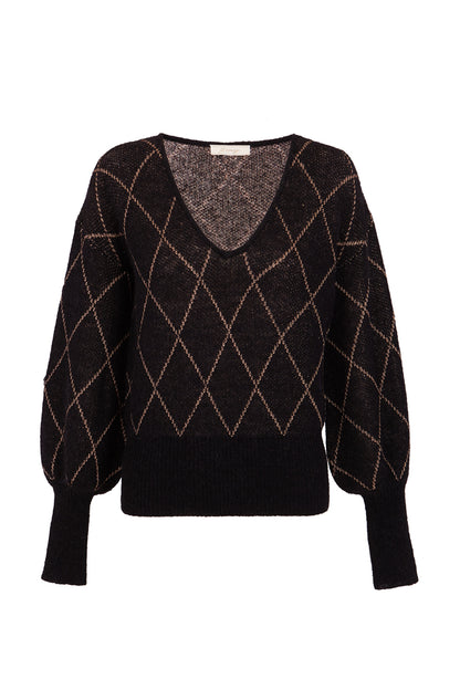 Jersey cuello pico negro con rombos metalizados