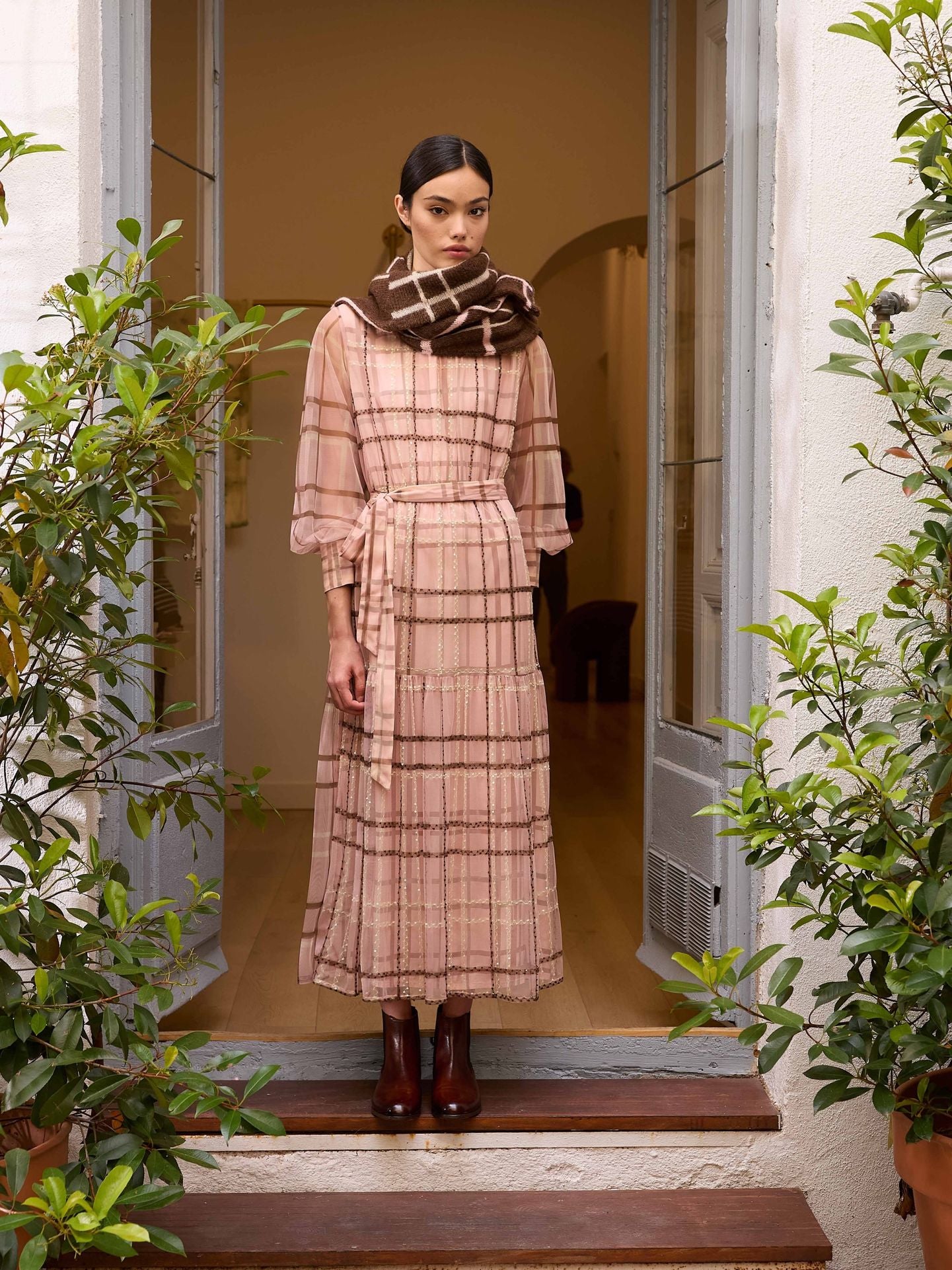 Vestidos cuadros tul rosa manga larga